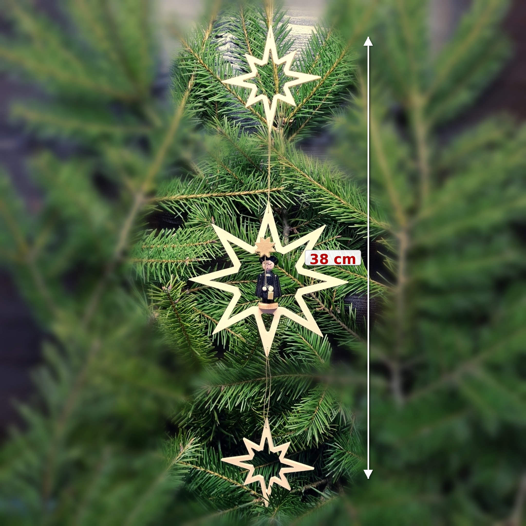 3 Holzsterne mit Kurrendesänger 38 cm – handgefertigter Baumbehang Weihnachtsdeko Erzgebirge – Bild 2