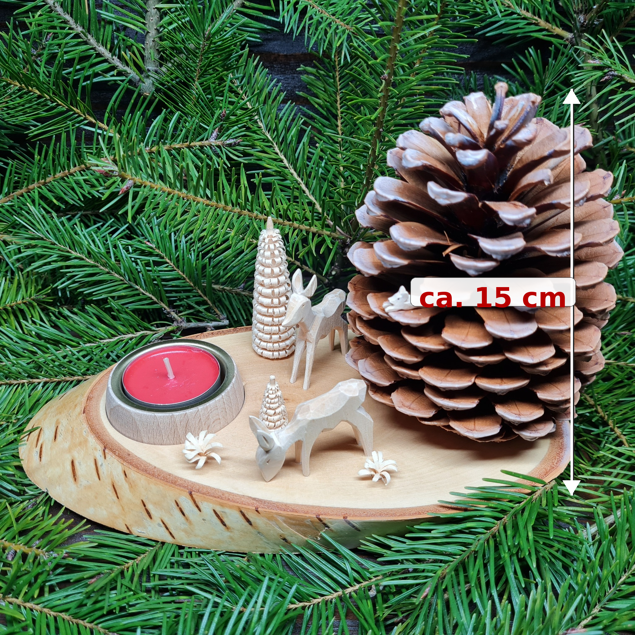 Teelichthalter Pinienzapfen mit 2 Rehen aus Holz – Kerzenhalter Weihnachtsdeko Erzgebirge – Bild 4