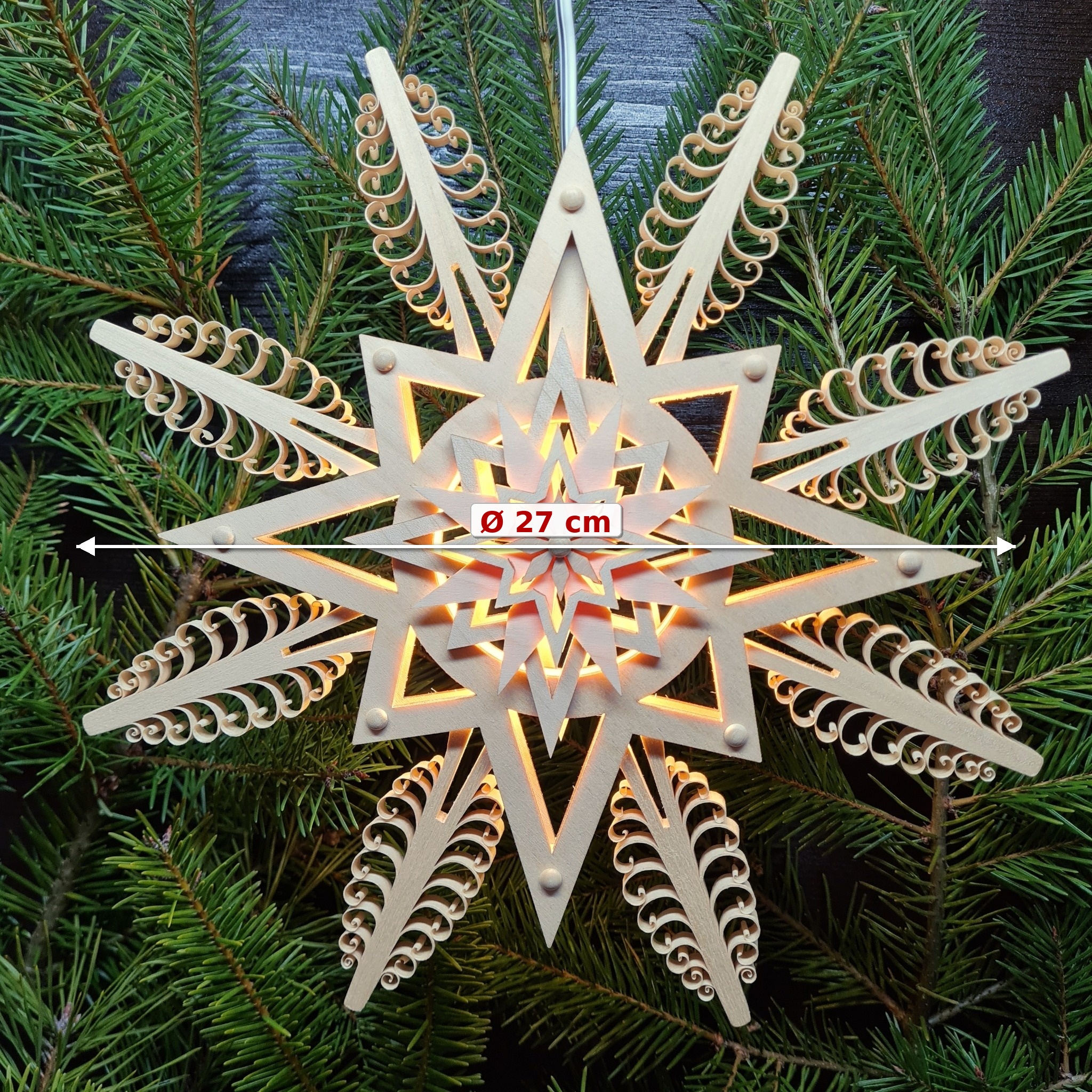 Fensterstern natur Ø 27 cm aus Holz handgefertigt – beleuchteter Holzstern LED Weihnachtsdeko Erzgebirge – Bild 2