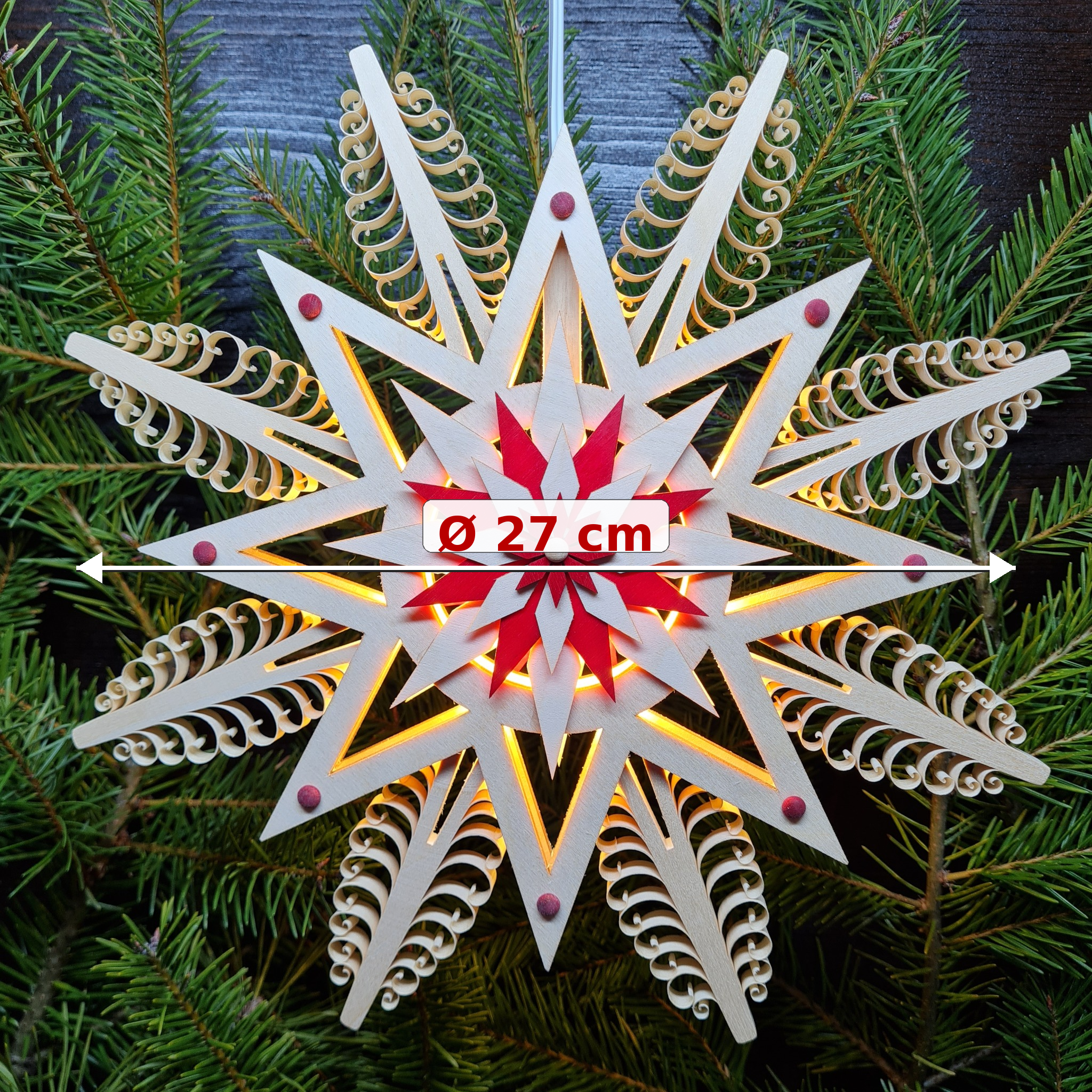 Fensterstern rot Ø 27 cm aus Holz handgefertigt – beleuchteter Holzstern LED Weihnachtsdeko Erzgebirge – Bild 3