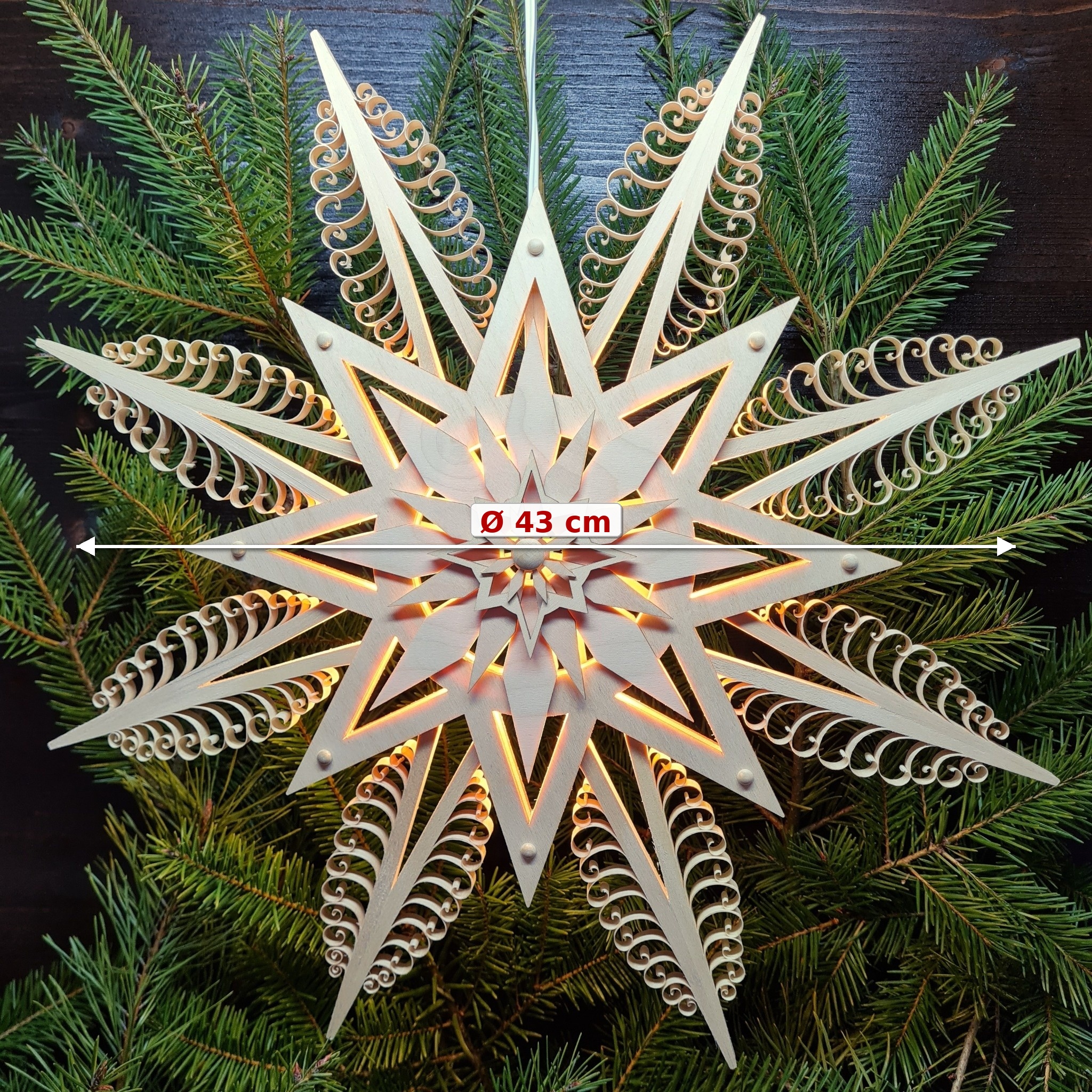 Fensterstern natur Holzstern LED Ø 43 cm aus Holz handgefertigt – Weihnachtsdeko Erzgebirge – Bild 2