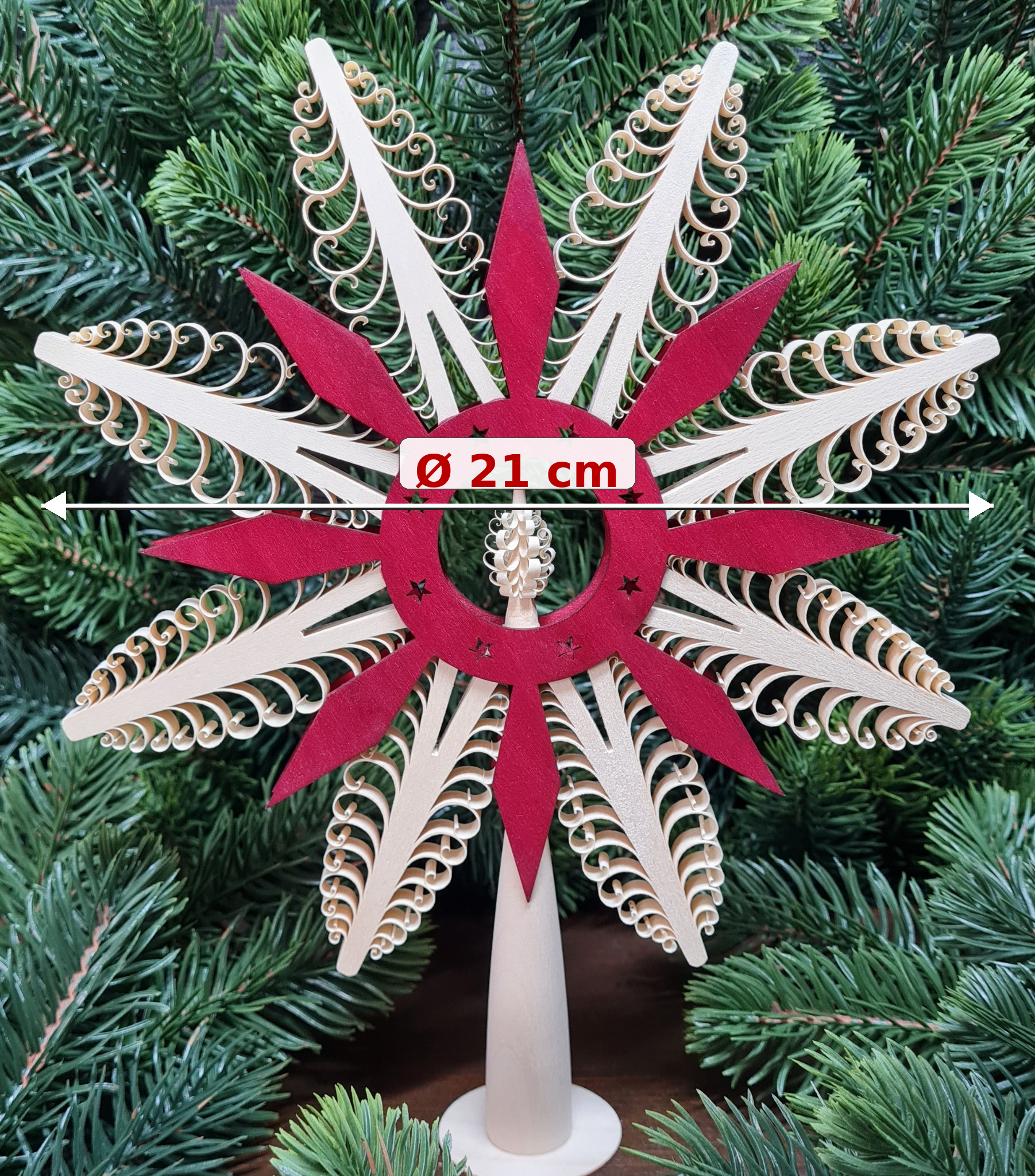 Christbaumspitze roter Ringstern Ø 21 cm – handgefertigte Baumspitze aus Holz Weihnachtsbaumspitze Erzgebirge – Bild 3
