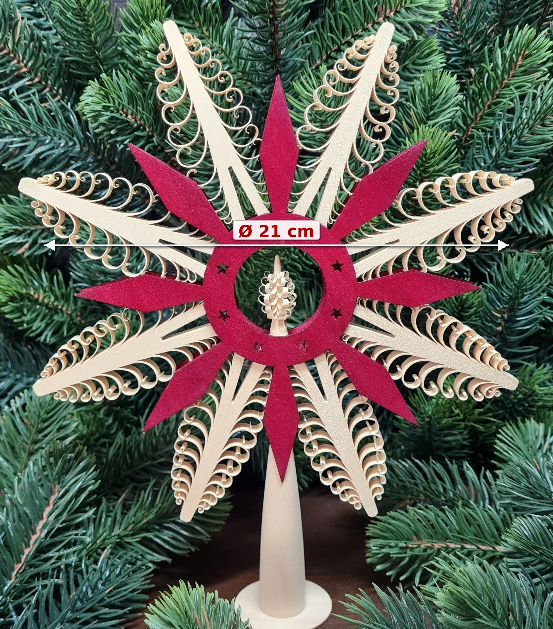 Christbaumspitze roter Ringstern Ø 21 cm – handgefertigte Baumspitze aus Holz Weihnachtsbaumspitze Erzgebirge – Bild 2