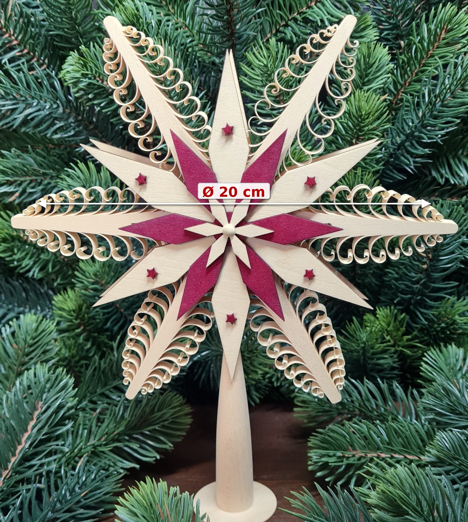 Christbaumspitze mit rotem Holzstern Ø 20 cm – handgefertigte Baumspitze aus Holz – Bild 3